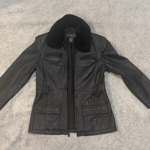 Copper Key Black Leather Jacket with Faux Fur Trim